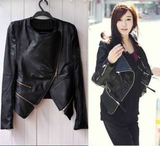 Fashion Korea Women Lady Cool PU Leather Zip Slim Jacket Coat 
