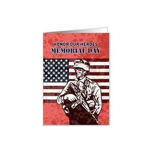   Greeting card illustration American solider serviceman with flag Card