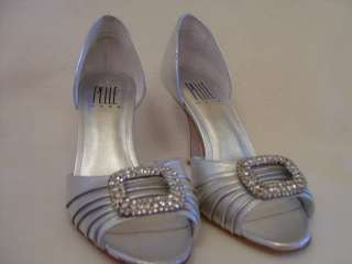 Pelle Moda Silver Metallic Rhinestone Peep Toe Heels NIB $150  