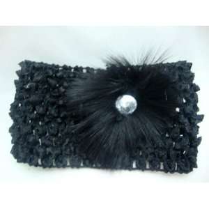  Black Crochet Headband with Fur Flower 