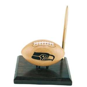 Seattle Seahawks Leatherette Laces Wood Football Desk Set with Pen 