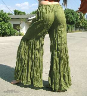 Green Light Cotton Gypsy BOHO Flared Crinkle Pants sz L  