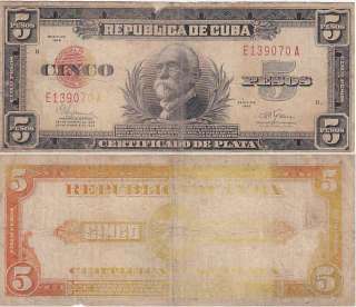 CUBA NOTE 5 PESOS PICK 70G 1945 F SILVER CERTIFICATED  