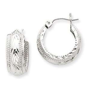 14k White Gold Polished & Diamond Cut Hoop Earrings 