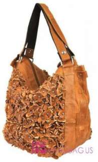   Genuine Leather STUDDED Ruffle FLOWER Shoulder Handbag Purse Brown