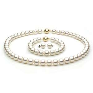 14k White Gold 8 8.5mm White Akoya Saltwater Cultured Pearl Set AA+ 