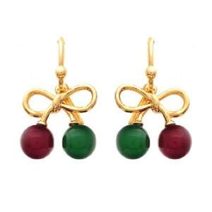 Aznavour] Lovely & Cute Gold Cherry Ribbon Earring / Violet & Green.