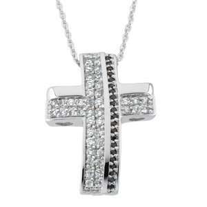 Sterling Silver Beauty White and Black Crystals Cross Pendant Necklace 