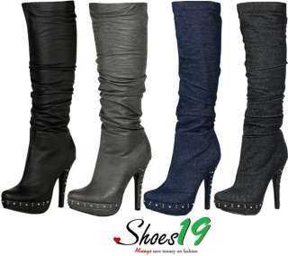 Sexy Platform Studs Knee High Heel Faux Leather Winter Women Dress 