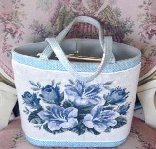BLUE Floral/ROSES NEEDLEPOINT 1940s TOTE Large Vintage Handbag/Purse 
