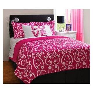  Girl Pink White Damask Love Full Queen Comforter Set (4pc 