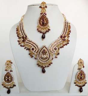 INDIA Jewelry BEAUTIFUL GOLDTONE KUNDAN MEENA BRIDAL NECKLACE EARRING 