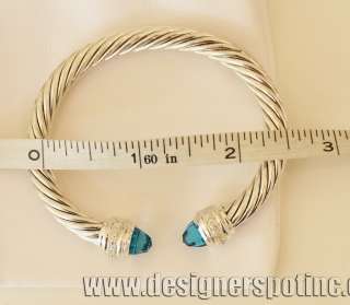 New David Yurman Silver Ice Topaz 7mm Diamond Cable Cuff Bracelet w 