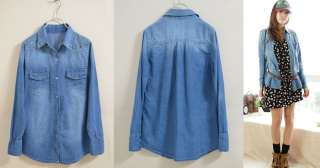   vintage Long Sleeve Punk Rivet Blue Denim Shirt Coat Jacket Imx  