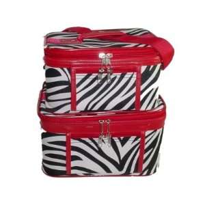  Train Case Cosmetic Toiletry 2 Piece Luggage Set Red Trim 