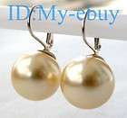 14mm Round Golden South Sea Shell Pearl Earrings 925 Silver Leverback