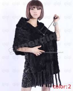 100% Real Genuine Knit Mink Fur Stole Cape Shawl Scarf Coat Womens New 