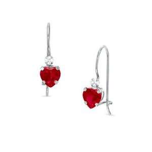 Heart Shaped Lab Created Ruby Drop Earrings in 10K White Gold with CZ 