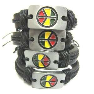 12 Unisex Surfer Ethnic Tribal Peace Symbol Metal 02 Leather Wristband 