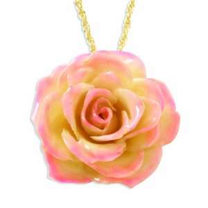  Lacquer Dipped Cream & Pink Rose Pendant W/ Gold Plated 