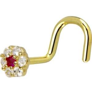    Solid 14KT Yellow Gold Clear Red CZ Flower Nose Screw Ring Jewelry