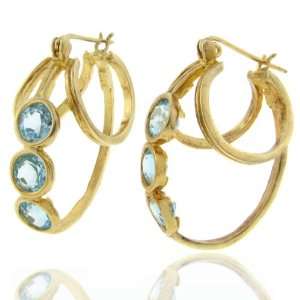   Sterling Silver Three Stone Genuine Blue Topaz Loop Earrings Jewelry