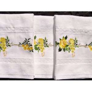 Luxury 3 piece White Terry Hand Towel Set with Yellow 