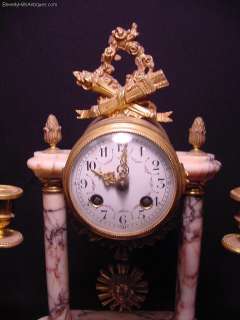 Antique 3 pc Gilt Bronze & Marble Clock Set 2 Matching Candelabras 
