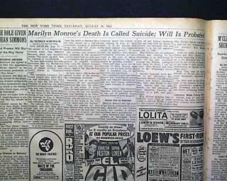 MARILYN MONROES DEATH SUICIDE REPORT Norma Jean Baker 1962 Newspaper 
