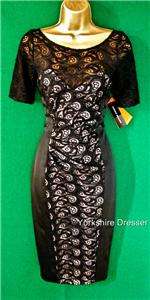 New KAREN MILLEN Black Satin Lace TUXEDO BodyCon Pencil DRESS Uk 6 8 