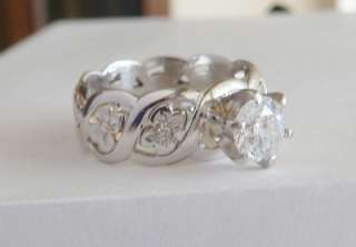 1CT DIAMOND RING 14K WHITE GOLD ARTCARVED FANCY FLOWER BAND SIZE 7.5 