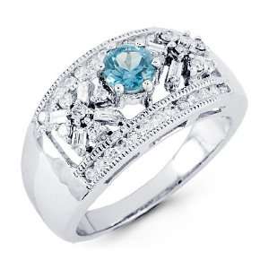    14k White Gold Blue Topaz Round Baguette Diamond Ring Jewelry