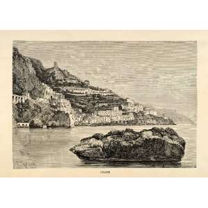  1882 Wood Engraving Art Amalfi Campania Italy Salerno Gulf 