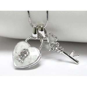 White Gold Palting Crystal and Epoxy Key and Heart Lock Dual Pendant 