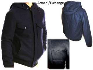NEW ARMANI EXCHANGE Hooded Midnight Blue Wool Faux Fur Lined Jacket 