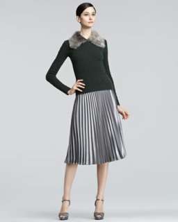 Fur Collar Cable Knit Sweater & Pleated Satin Skirt