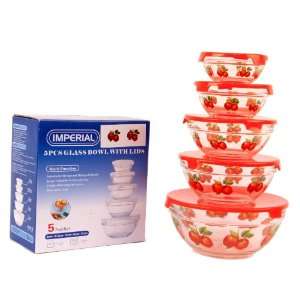   Nested Glass Bowl Set With Apple Design and Red Lids