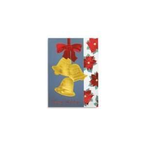  Holiday Greeting Card   Three Golden Bells and Poinsettia 