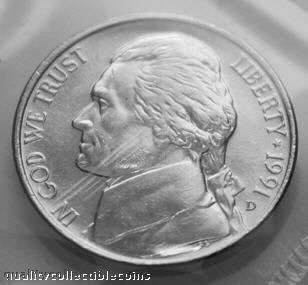 Jefferson Nickel, Uncirculated 1991 D. The coin is taken from a US 