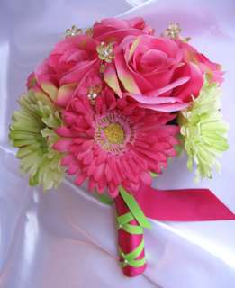 Bridal Bouquet wedding flowers PINK FUCHSIA GREEN DAISY  