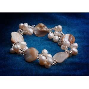  Mother of Pearl and Cultured Pearl Stretch Bracelet 