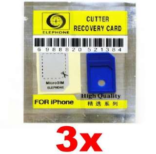 3x iPhone 4G Cutter Recovery Card Micro Sim Adapter  
