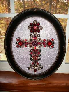   Red Garnet Rhinestone Jewelry Christmas Tree Framed Cross Art  