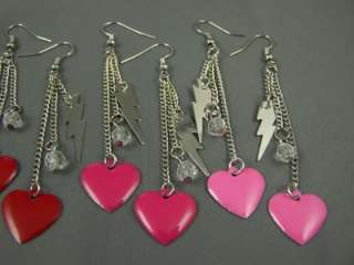 Silver Lightning Bolt heart multi chain dangle earrings  