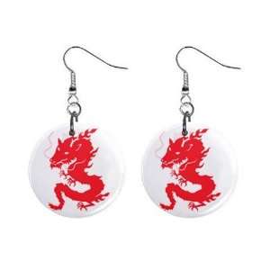  Red Chinese Dragon Dangle Earrings Jewelry 1 inch Buttons 