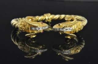   Gold Diamond Ruby Double Ram Head Bangle Cuff Bracelet Heavy  