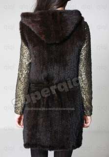   Genuine Knit Mink Fur with Hood Vest Gilet Waistcoat Coat Womens New