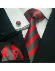 Landisun 529 Bright Red Black Stripes Mens Silk Tie Set Tie+Hanky 