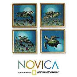 Set of 4 Painted Glass Sea Turtles Coasters (Peru)  