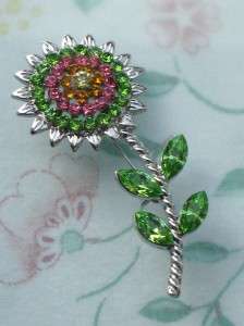VINTAGE STYLE PINK GREEN CRYSTALS SUN FLOWER PIN BROOCH  